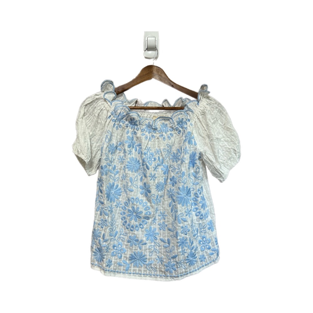 Savanna Jane Blouse Womens Small White Blue NWT Embroidered Swiss Dot Boho Top